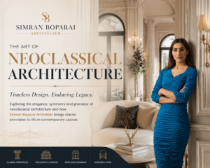 Neoclassical architecture interior by Simran Boparai Archtelier showcasing grand columns, ornate molding, crystal chandelier, and elegant furnishings, highlighting timeless design, symmetry, and modern functionality.