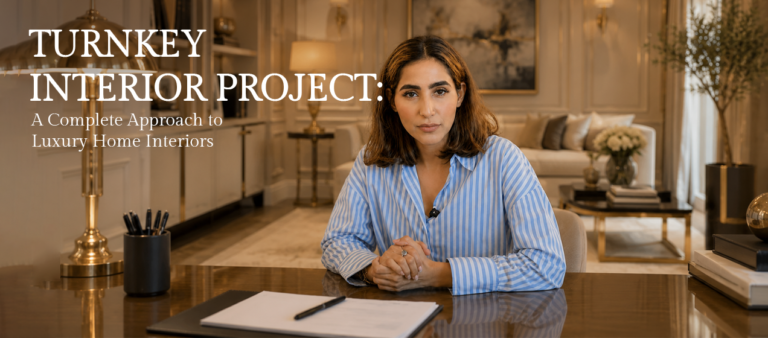 "Luxury home office interior featuring a designer seated at a desk with elegant furnishings, warm ambient lighting, and sophisticated décor, alongside the text 'Turnkey Interior Project: A Complete Approach to Luxury Home Interiors' highlighting comprehensive interior design services."