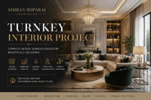 Luxury turnkey interior project featuring an elegant living room with chandelier, custom furniture, premium lighting, decor, and seamless residential execution.