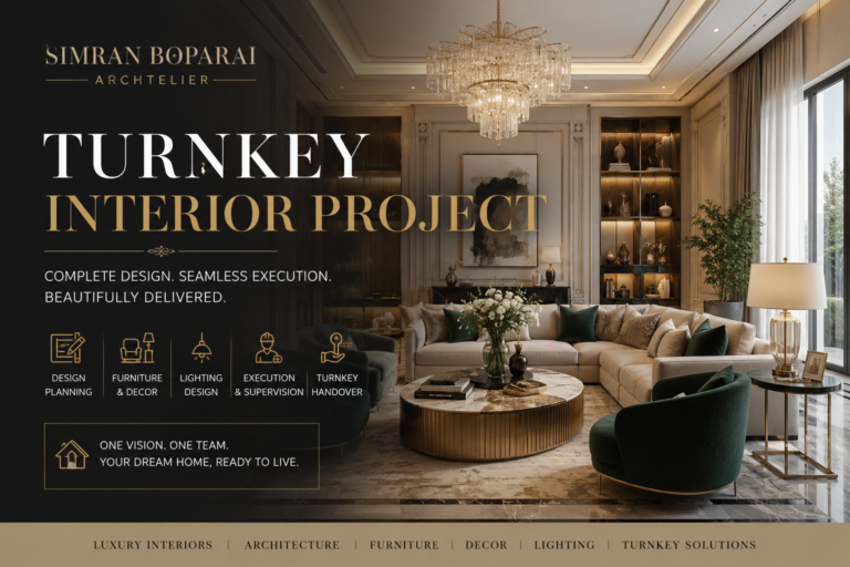 Luxury turnkey interior project featuring an elegant living room with chandelier, custom furniture, premium lighting, decor, and seamless residential execution.