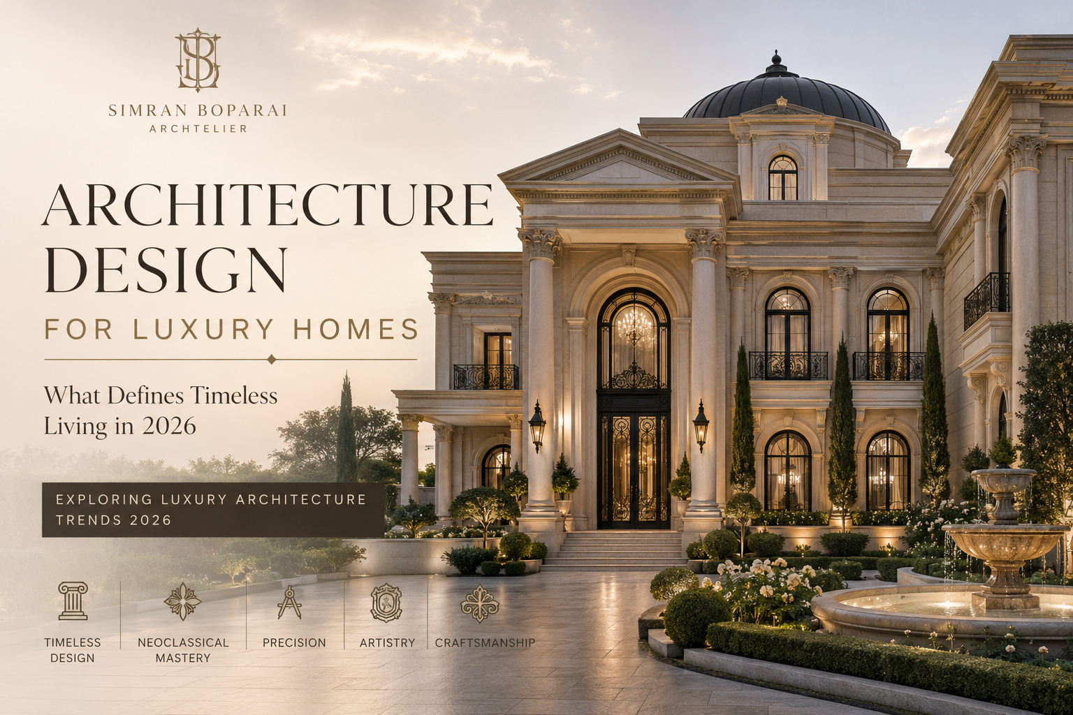 Luxury neoclassical mansion exterior with grand columns, landscaped garden, fountain, and architecture design text highlighting luxury architecture trends 2026.
