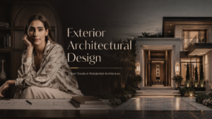 Luxury exterior architectural design featuring Simran Boparai with a modern residential villa façade, warm lighting, and premium landscape detailing.