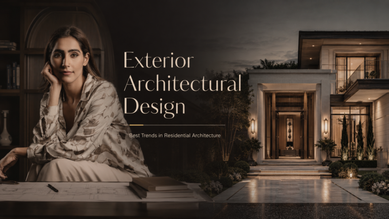 Luxury exterior architectural design featuring Simran Boparai with a modern residential villa façade, warm lighting, and premium landscape detailing.