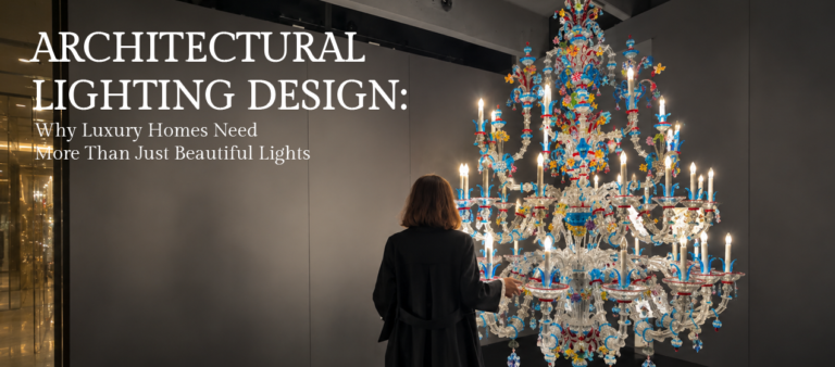 "A designer viewing an ornate architectural chandelier in a luxury interior showroom, showcasing decorative lighting craftsmanship, alongside the text 'Architectural Lighting Design: Why Luxury Homes Need More Than Just Beautiful Lights' highlighting premium lighting design for elegant homes."