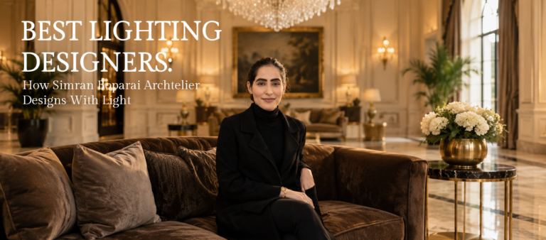 "A luxury interior designer is seated in an elegant living space with chandeliers, warm ambient lighting, and sophisticated décor, alongside the text 'Best Lighting Designers: How Simran Boparai Archtelier Designs With Light' highlighting premium lighting design expertise."
