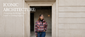 "An architect is standing in the doorway of a classically inspired building with elegant stone detailing, alongside the text 'Iconic Architecture: Designing Buildings That Leave a Lasting Legacy' promoting timeless architectural design."