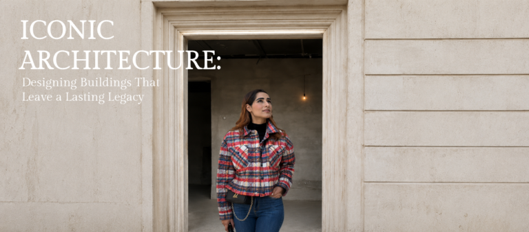 "An architect is standing in the doorway of a classically inspired building with elegant stone detailing, alongside the text 'Iconic Architecture: Designing Buildings That Leave a Lasting Legacy' promoting timeless architectural design."