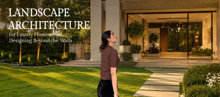"Modern luxury home with beautifully designed landscape architecture featuring lush green lawns, illuminated trees, elegant pathways, and a designer overlooking the outdoor space, alongside the text 'Landscape Architecture for Luxury Homes: Designing Beyond the Walls.'"
