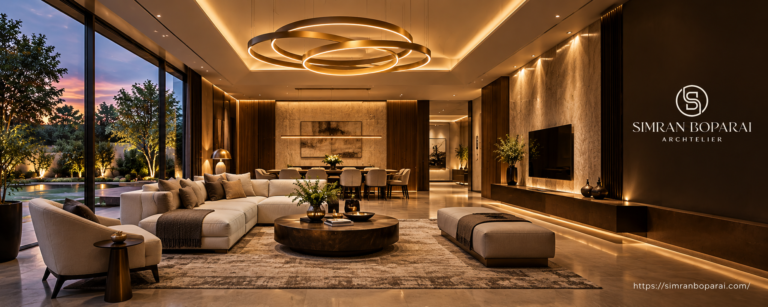 Luxury architectural lighting in a modern living room featuring a statement chandelier, warm concealed LED lights, elegant interiors, and garden views.