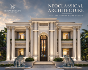 Neoclassical Architecture luxury home with classical columns, symmetrical façade, fountains, and elegant landscaping by Simran Boparai Archtelier