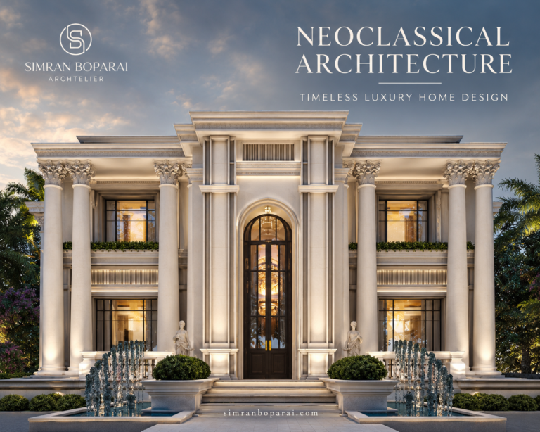 Neoclassical Architecture luxury home with classical columns, symmetrical façade, fountains, and elegant landscaping by Simran Boparai Archtelier