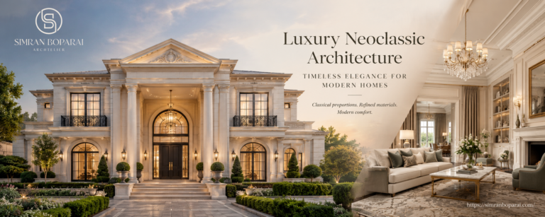 Luxury neoclassical mansion with symmetrical architecture, classical columns, and an elegant luxury living room by Simran Boparai Archtelier.