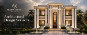 Luxury architectural design services featuring an elegant neoclassical mansion with classical columns, symmetrical façade, and refined exterior details by Simran Boparai Archtelier.