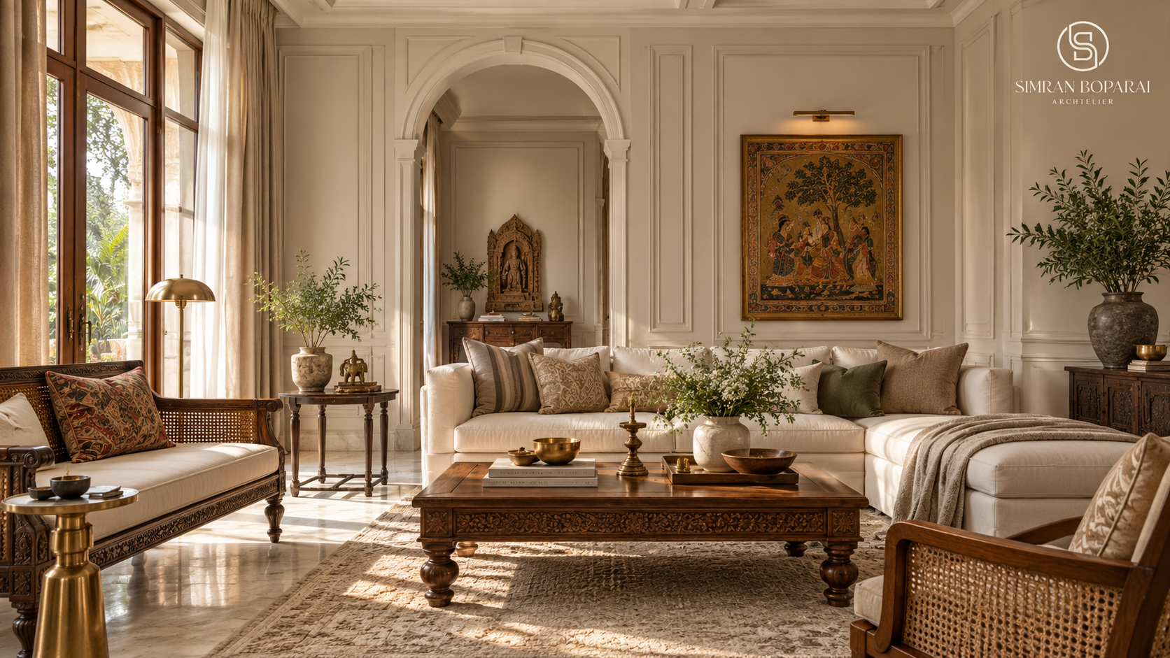 Elegant Indian living room with neoclassical details and bespoke furniture